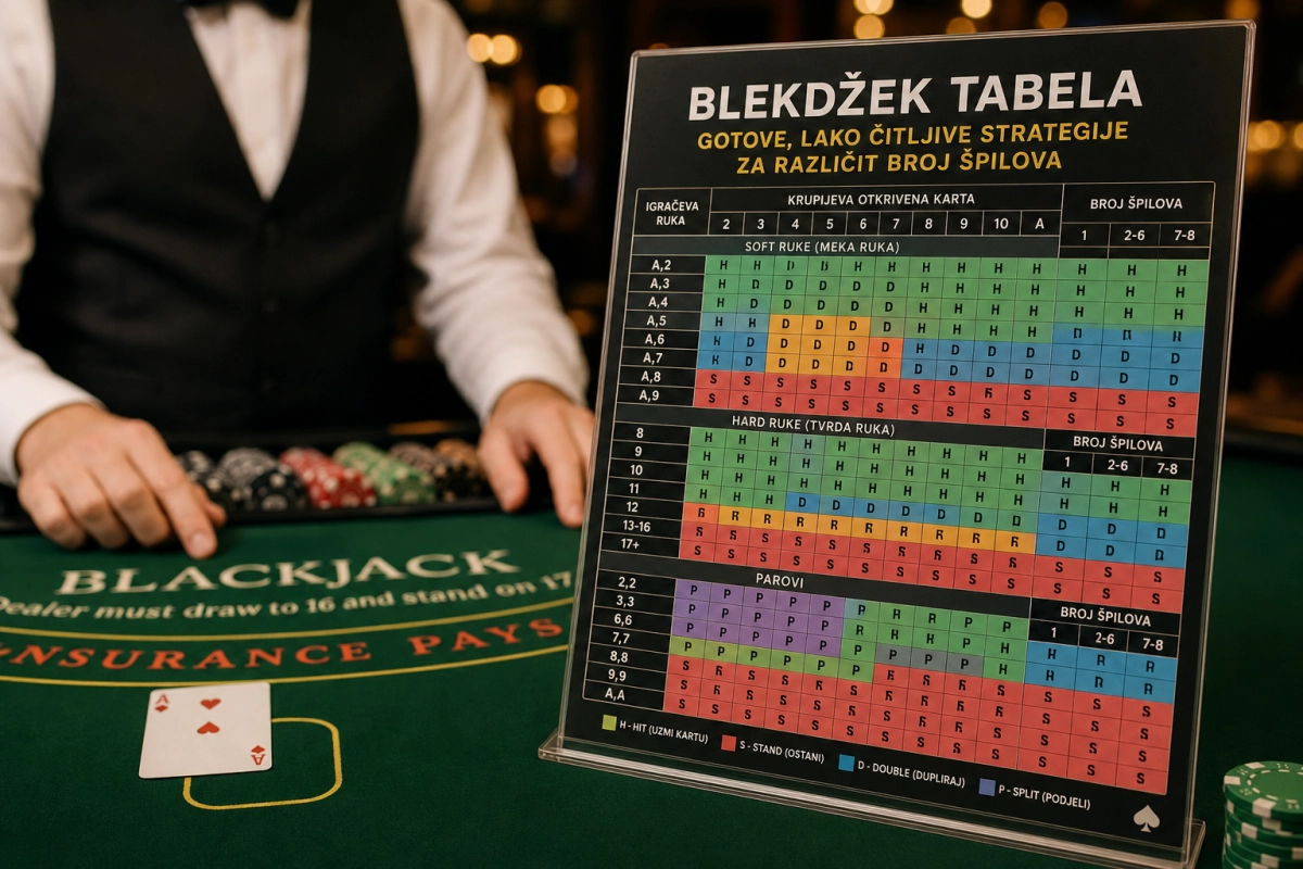 Blekdžek tabela: gotove, lako čitljive strategije za različit broj špilova